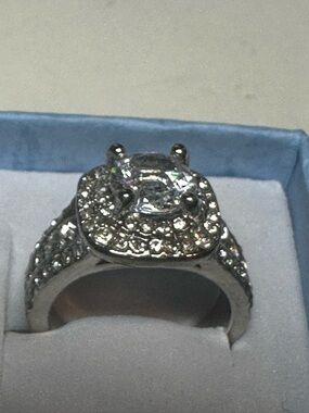 Silver Cubic Zirconia Halo Engagement/Cocktail Ring - Sparkling White